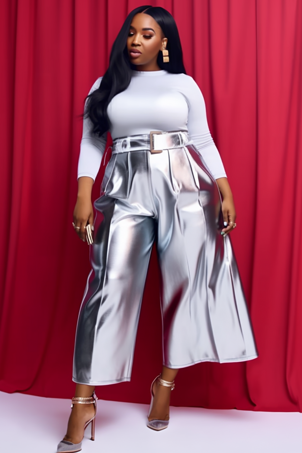 Design Plus Size Daily Pants Casual Silver Fall Winter Wide Leg Metallic Glitter Fabric Pants [Pre-Order]