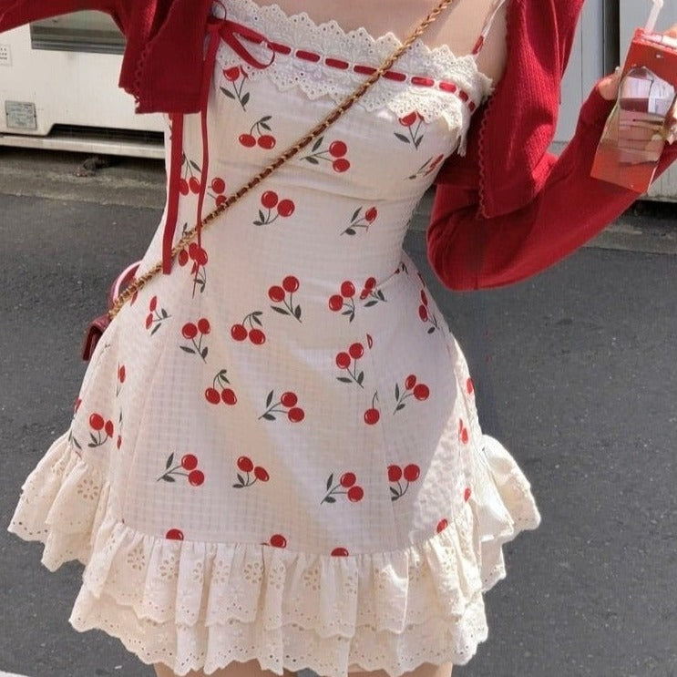 Aiertu - Sweet Cherry Basket Dress with Optional Cardigan Set Kawaii Academia Y2K Cottagecore Coquette Fairycore Dollette Princesscore Aiertu