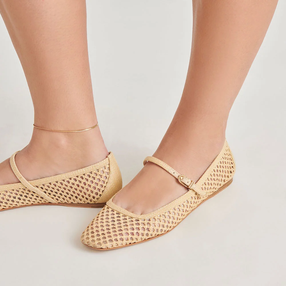 Beige Raffia Square Toe Woven Cut-Out Flat Shoes for Women