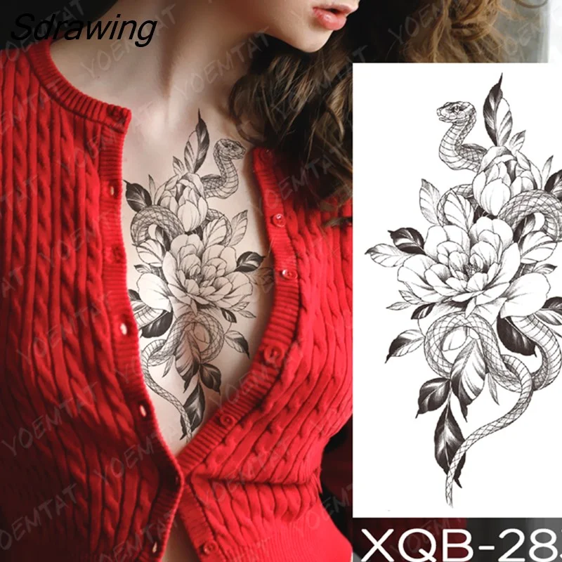 Sdrawing Temporary Tattoo Sticker Rose Snake Flower Tattoos Lace Tiger Dragon Body Art Arm Fake Sleeve Tatoo Women