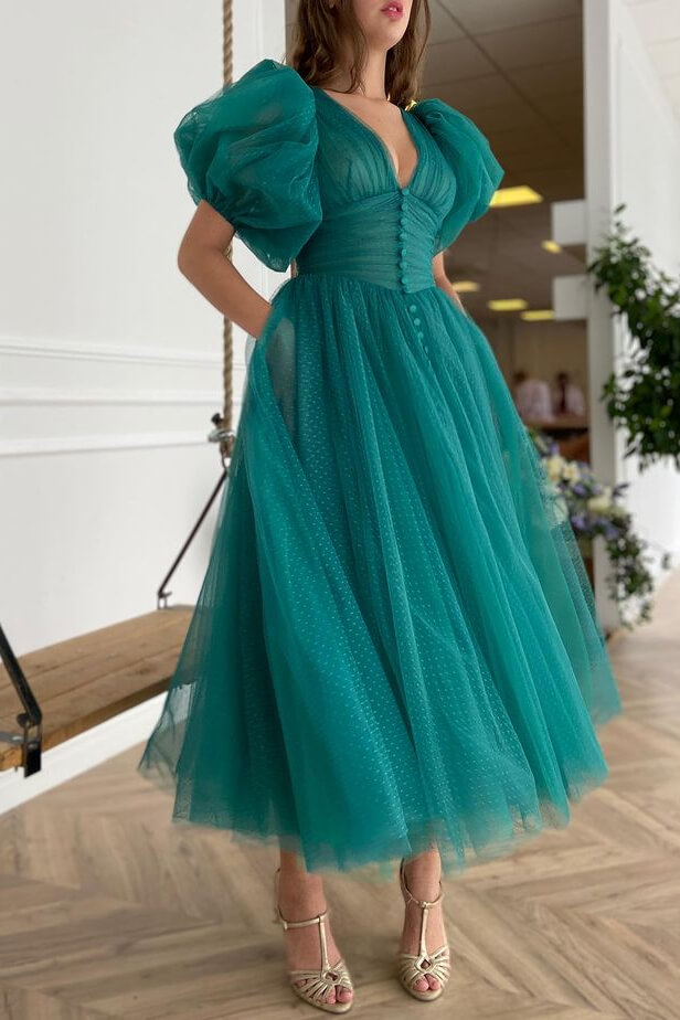 Bellasprom Emerald Bubble Sleeves Tulle Prom Dress With Buttons V-Neck