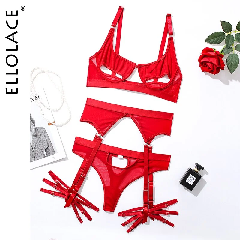 Ellolace Hollow Out Erotic Lingerie Apparel Underwear Set Solid Sexy Costume Bra 3 Piece Porn Sissy Intimate Sensual Sex Suit