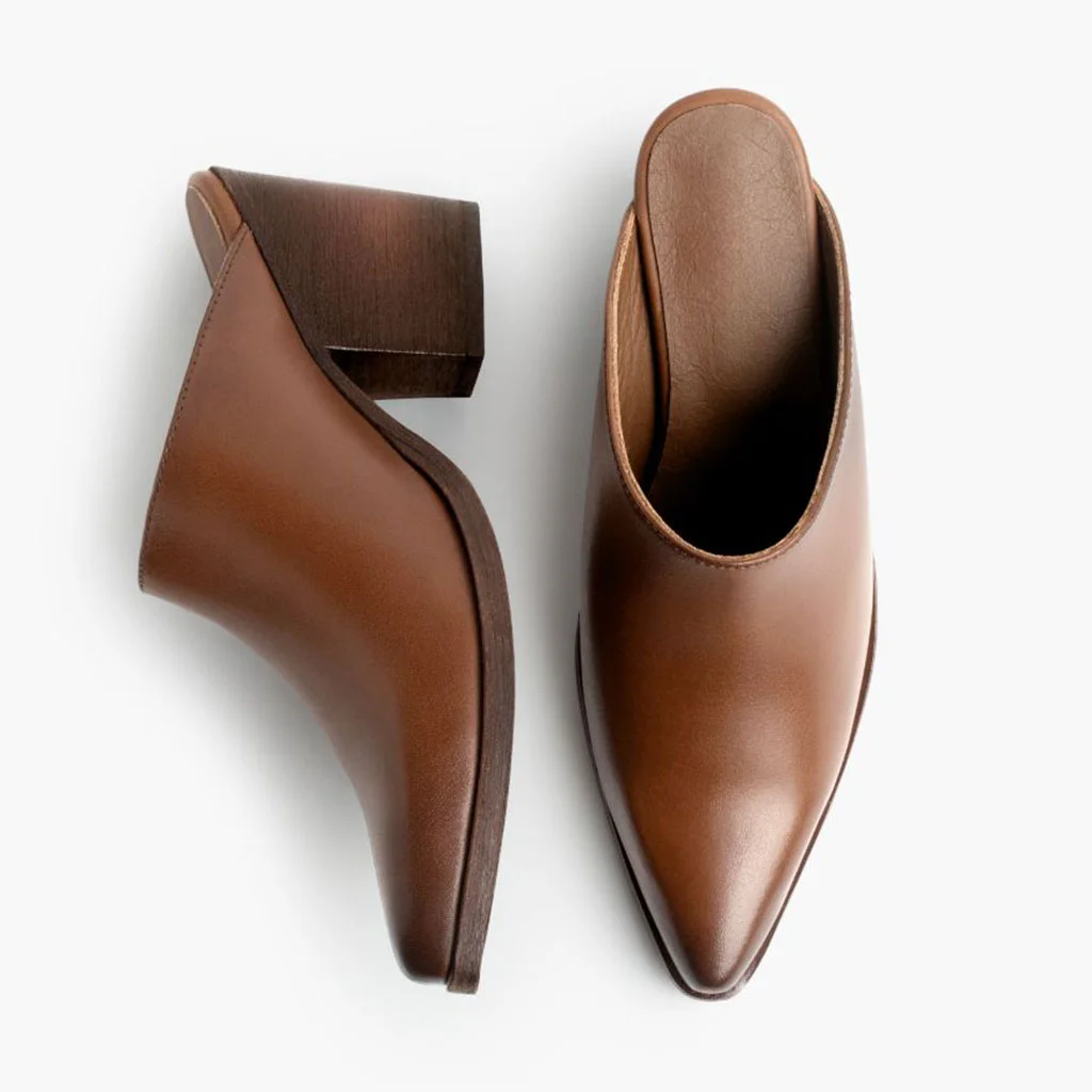 Slip-On Pointed Toe Chunky Heel Women's Mules Shoes in Brown