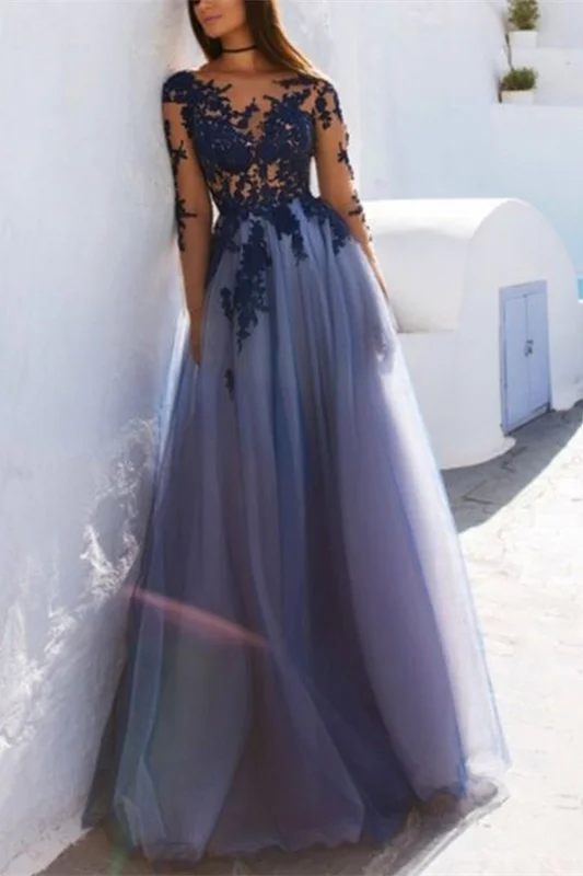 Gorgeous Long Sleeve Appliques Prom Dress Tulle Long Party Gowns - lulusllly