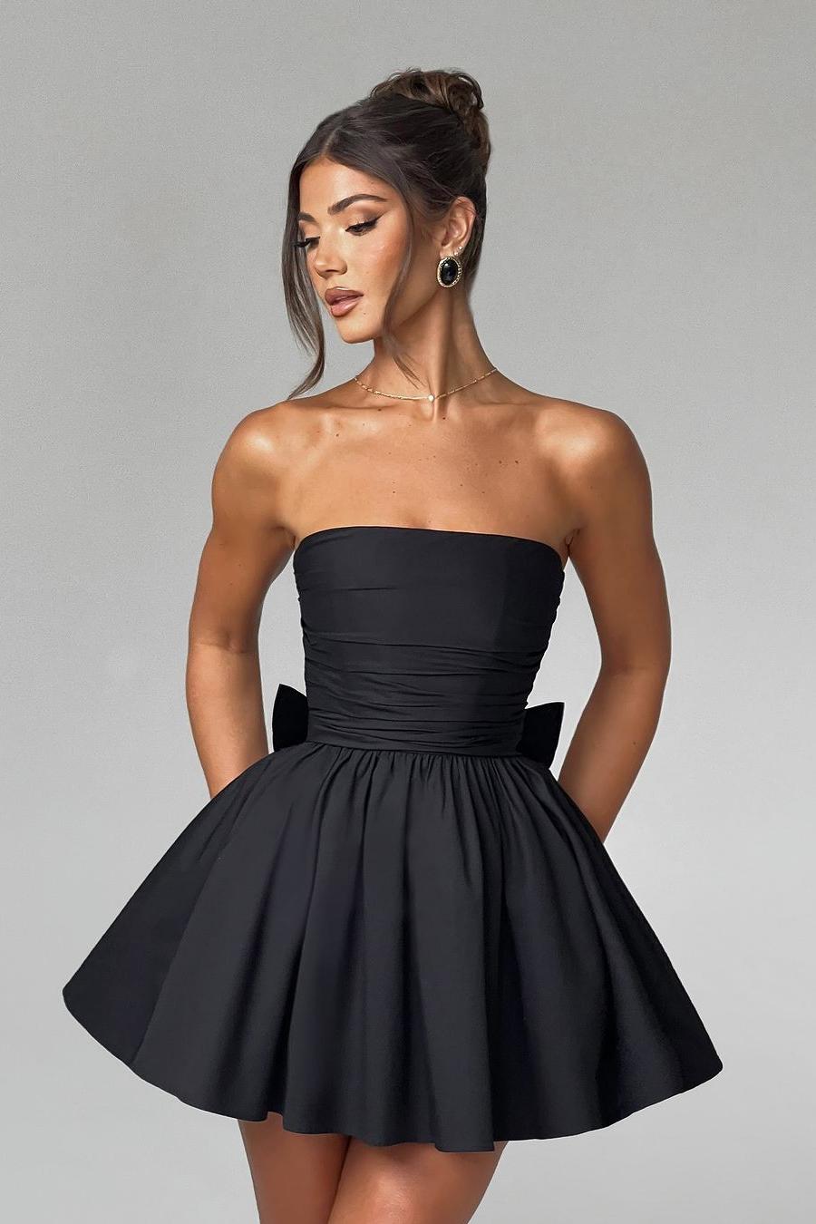 Ovlias Stunning Black Strapless Sleeveless Pleated Prom Dress With Bowknot XJ0247