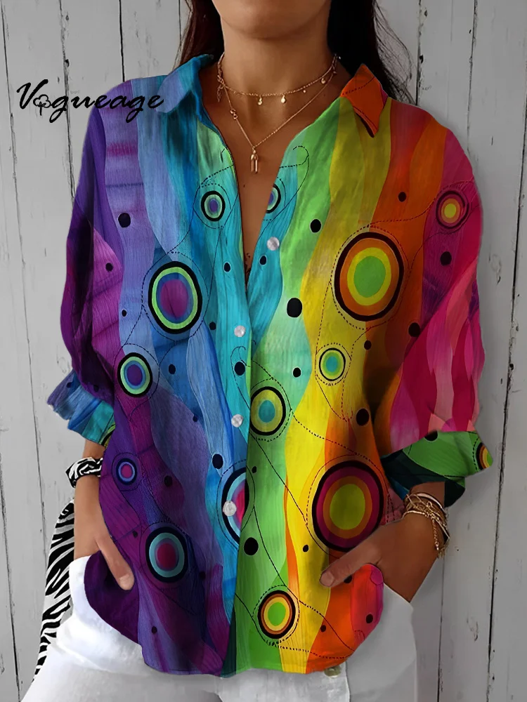 Fashionable And Bright Rainbow Color Strips Printed Cotton And Linen Shirt