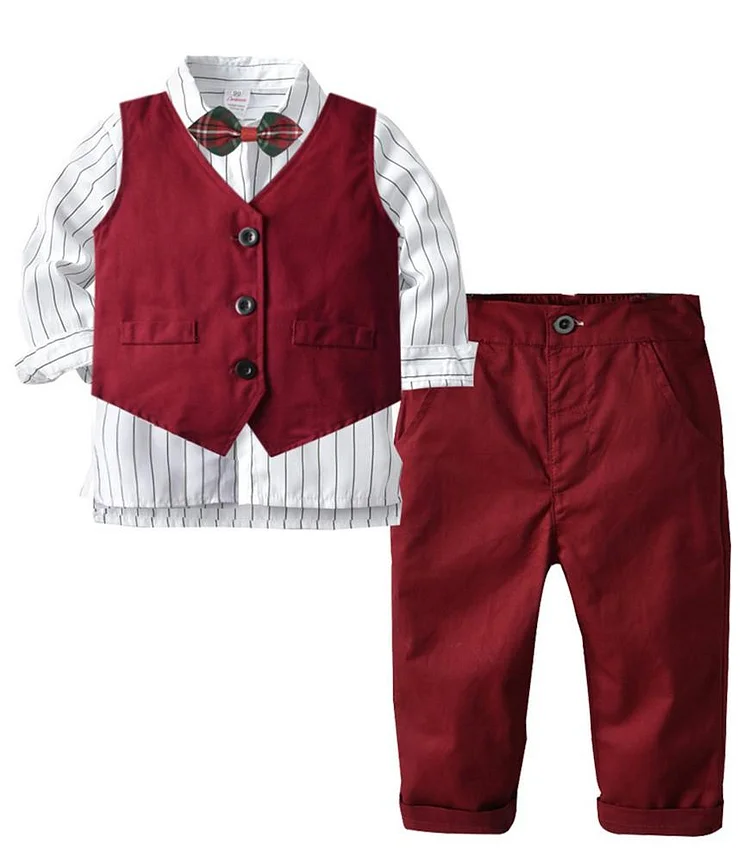 Boys Suit Outfit Set Bow-Tie Stripe Shirt Dark Red Waistcoat And Pants-Mayoulove