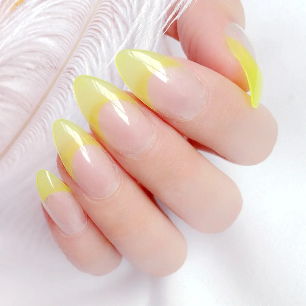 24Pcs Shiny Short Stiletto False Nail Bright Yellow French Artificial Fake Nails DIY Manicure Nail Art Finger Tips