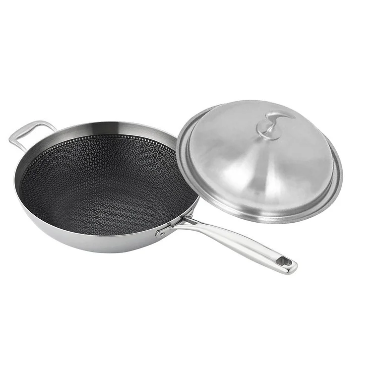 18/10 Stainless Steel 34cm Frying Pan Textured Non Stick Interior with Helper Handle and Lid