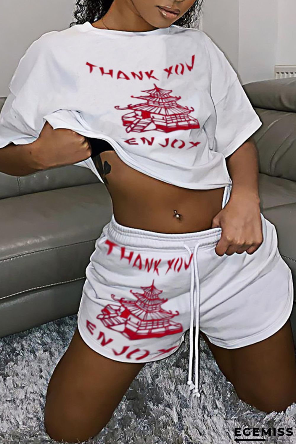 White Fashion Casual Print Basic O Neck Short Sleeve Two Pieces | EGEMISS