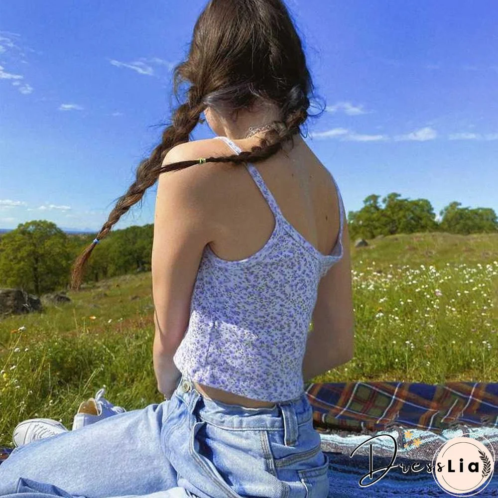 Ribbed Knit Flower Prints Cropped Cami Tops Lace Trim Tank