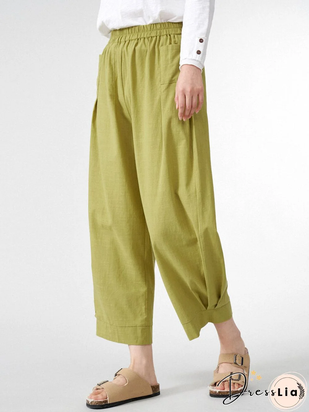 Women Solid Dual Pocket Elastic Waist Wide Leg Pants