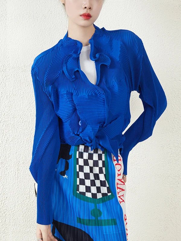 Original Creation Irregularity Long Sleeves Buttoned Pleated Solid Color Outerwear