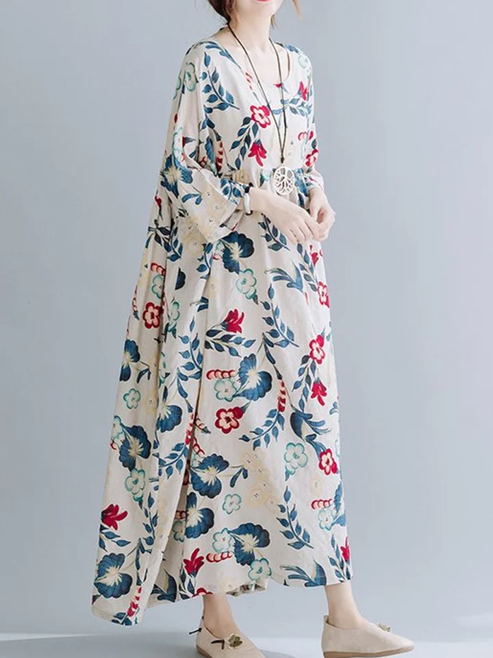 Large Loose Stitched Cotton Linen Print Short Sleeve Dress