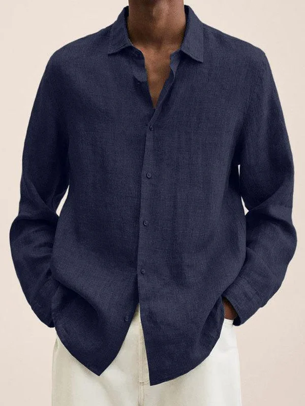 Men's Solid Turndown Collar Cotton And Linen Loose Shirt