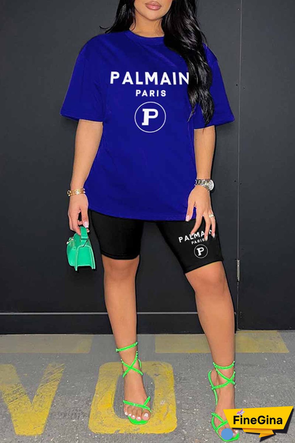 Blue Casual Print Letter O Neck Short Sleeve Two Pieces