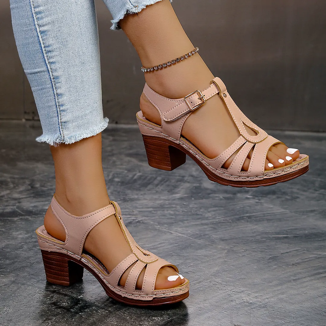 Breakj Breakj Women's Shoes 2025 Spring New PU Dew-Shaped Buckle Tape Coarse Casual Sandals