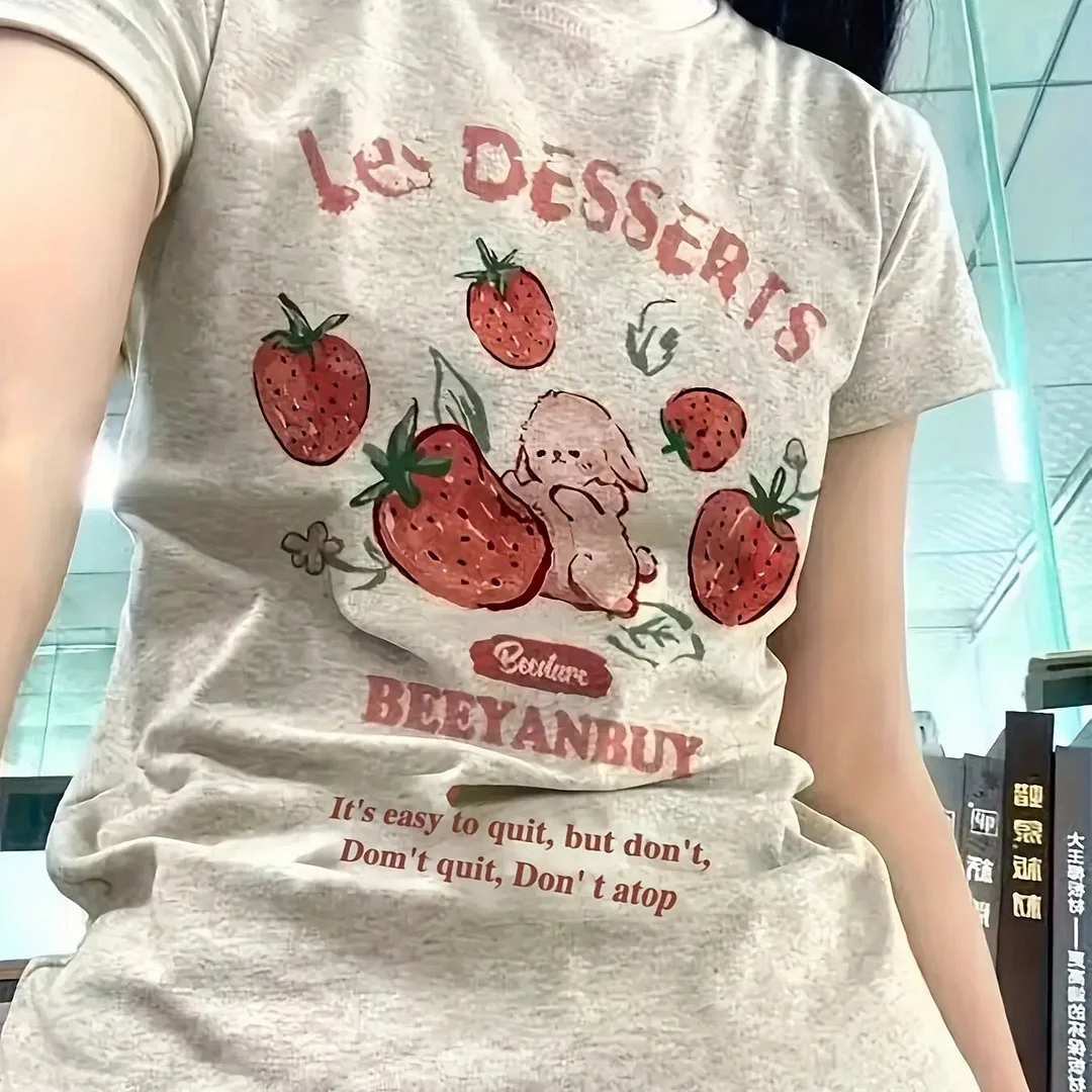 Toloer Les Dessert Strawberry & Letter Print Short Sleeve T-Shirt-Outfit Ideas