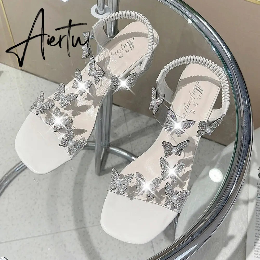 Sandals Women's Rhinestone Summer New Fashion Women's Shiny Butterfly Transparent High Heels Open Toe Sandalias Women's Shoes Aiertu