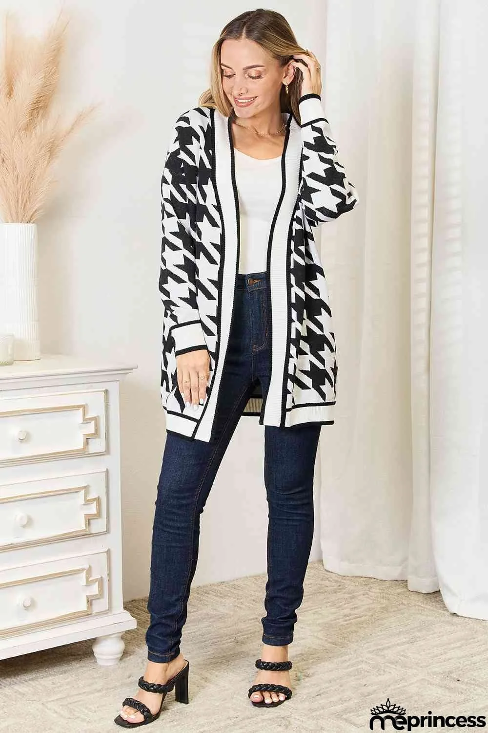 Woven Right Houndstooth Open Front Longline Cardigan