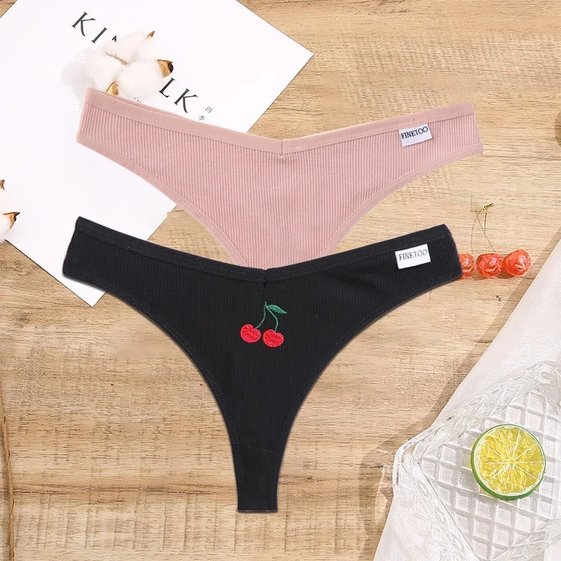 FINETOO 2/3PCS Women Lingerie Fruit Embroidery Panties G-string Sexy Low Rise Cotton Thongs Girl Underwear V-Waist Female Pantys