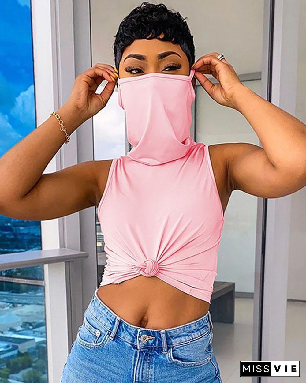 Solid Color Sleeveless Casual Shirt Top With Bandana