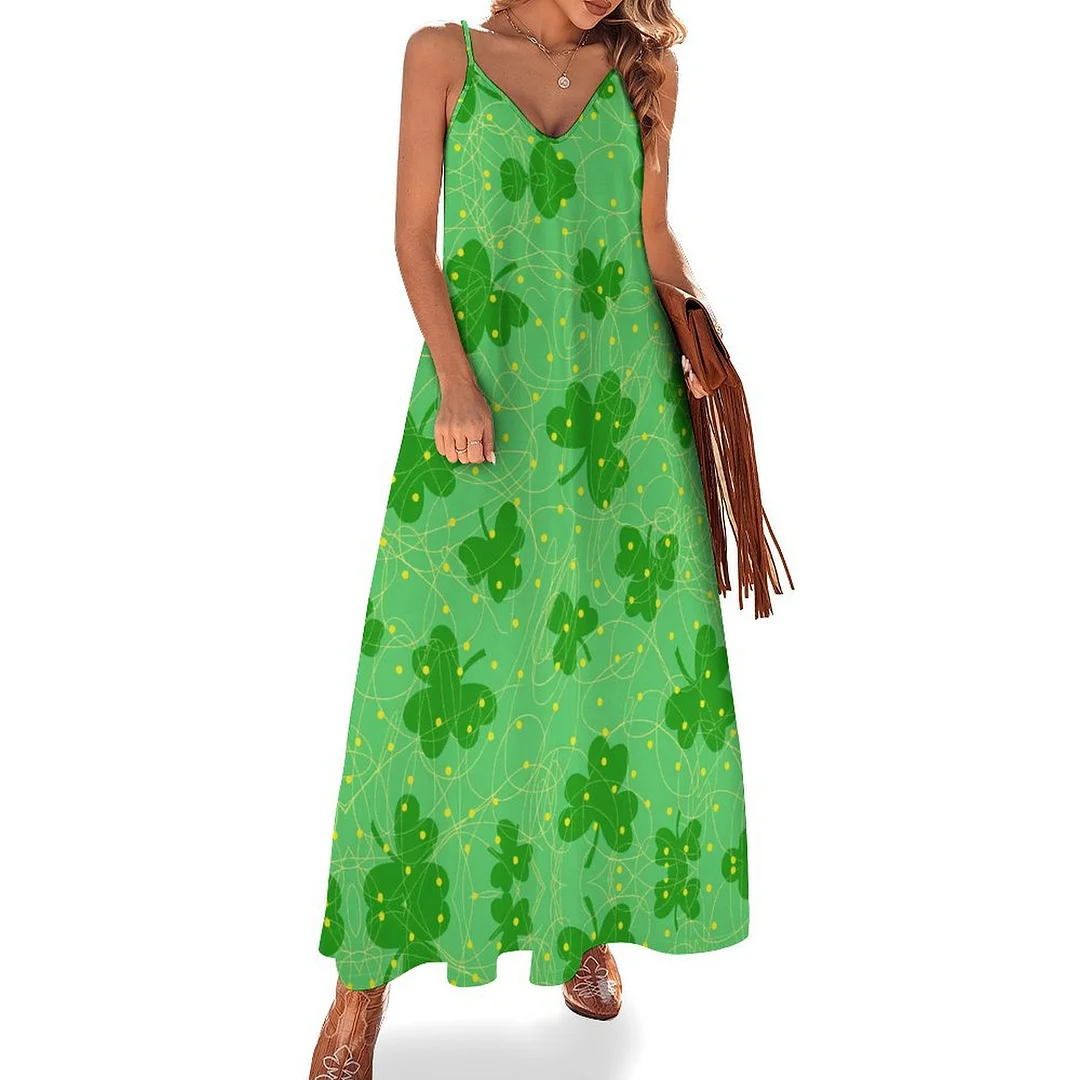 Style & Comfort for Mature Women Plus Size Printed Sling Casual Women Maxi Dress in Pattern St. Patrick's Day, Green, Clover, Lucky