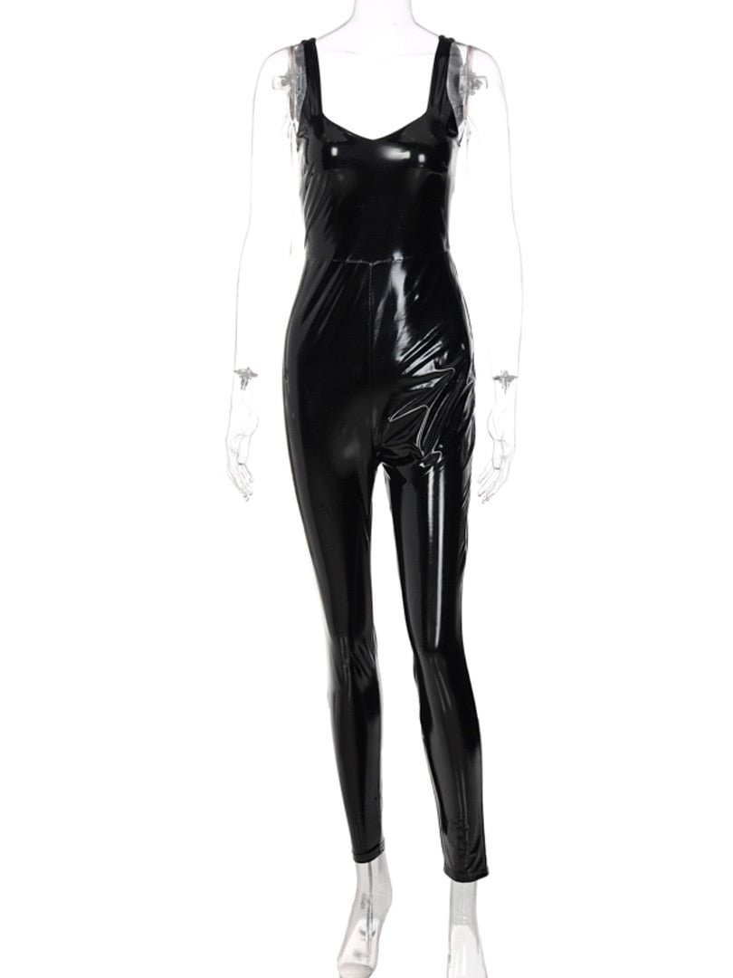 Dulzura Pu Faux Leather Women Sleeveless Strap Jumpsuit Skinny Backless Sexy Streetwear 2021 Autumn Winter Clothes Rompers Club