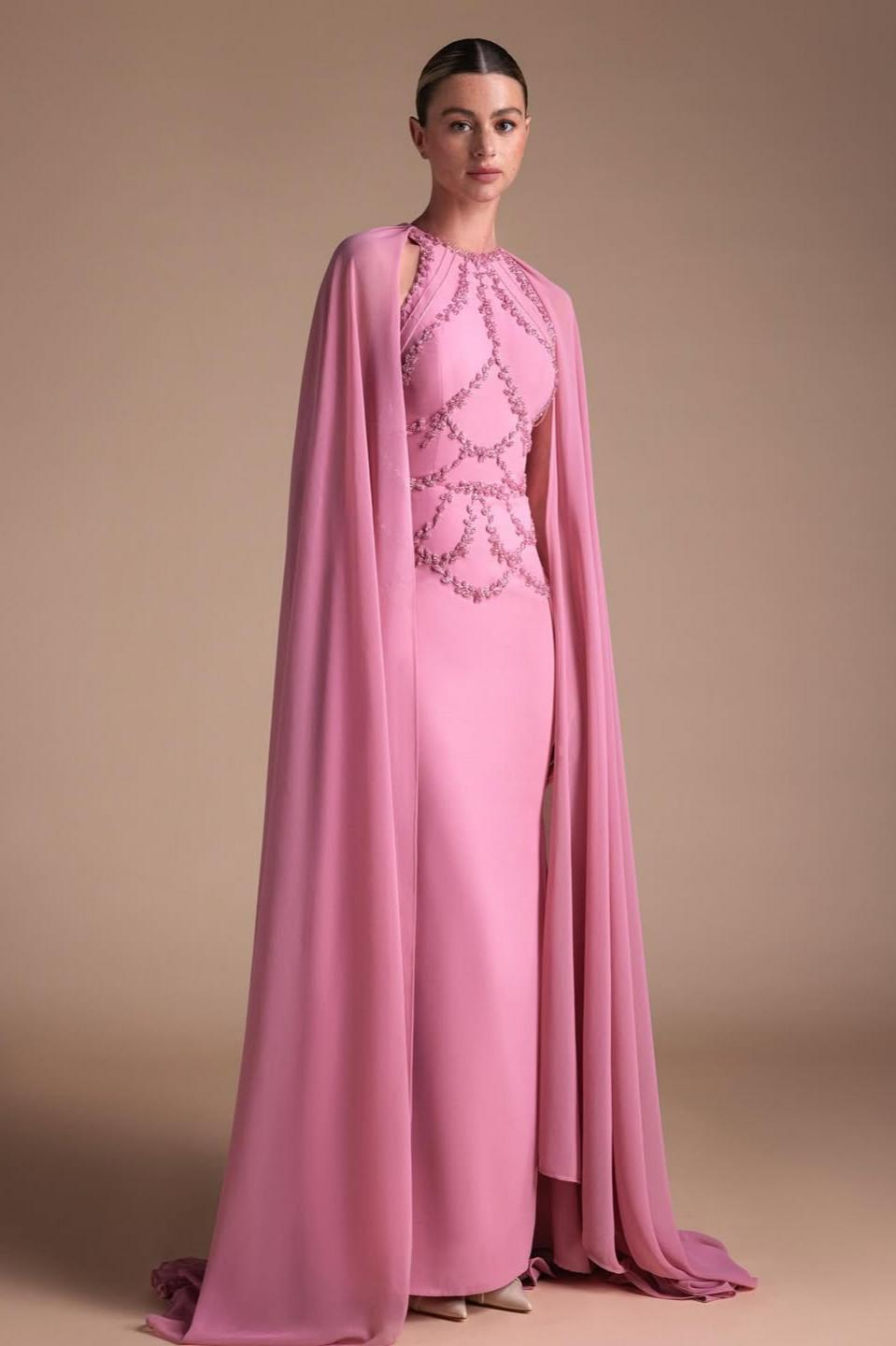 Lussooy Exquisite Candy Pink Halter Sleeveless Evening Dress With Shawl