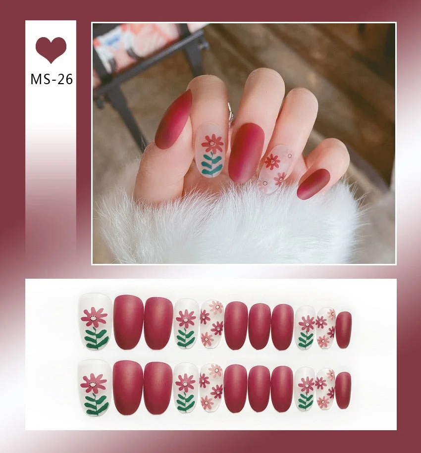 24pcs Matte False Nail Press On Nail With Glue Round Graffiti Fake Nail Manicure Nail Art Decoration  Nail Art Tools-Nail Inspo