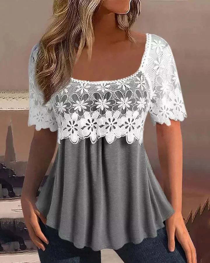 Ladies Casual Lace Stitching Short Sleeve Round Neck T-Shirt