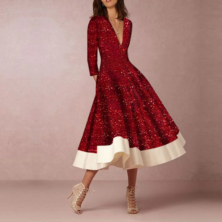 Vefave Elegant Colorblock Mid Sleeve Midi Dress