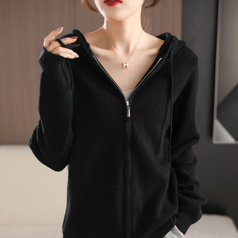 Jangj Female Long Sleeve Casual Knitted White Zip Up Hoodie Women Winter Solid Color Sweater Cardigans