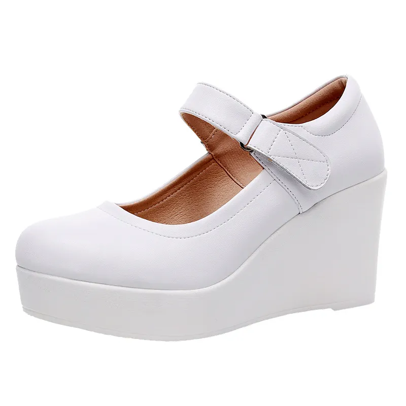 Breakj Breakj 8CM High Heel Heel Leather Shoes 3CM Thick Waterproof Table Comfortable Loose Cake Shoes Round Head Light Magic Stick Single Shoes Women