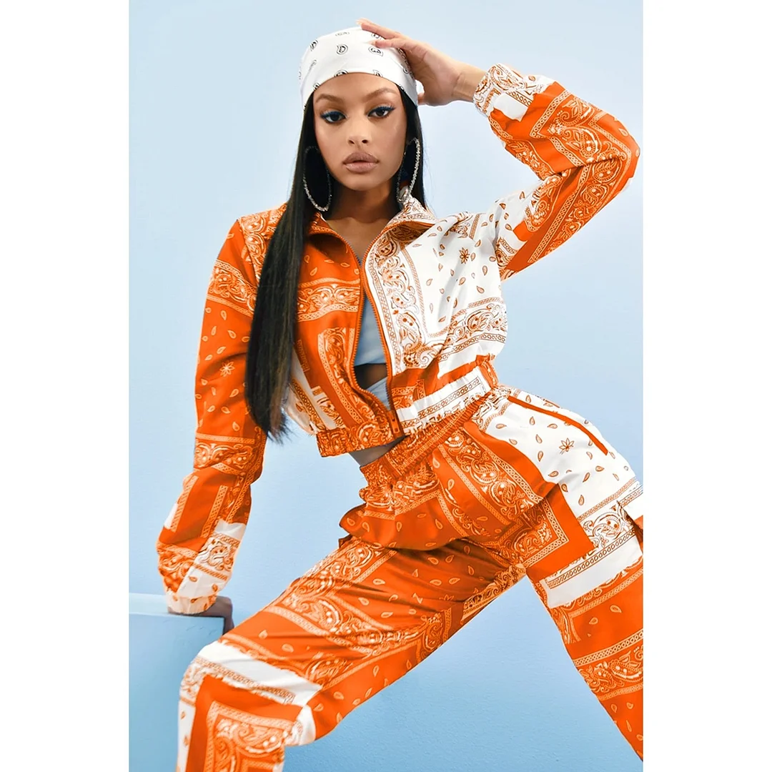 Fashion Printed Two-piece Clothes Set Women Streetwear Zipper Long Sleeve Short Coats+Joggers Sweatpants Autumn Spring Outfits