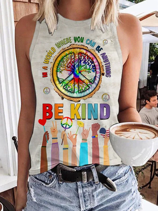 Retro Hippie Peace In A World Where You Can Be Anything Be Kind Print Tank Top socialshop