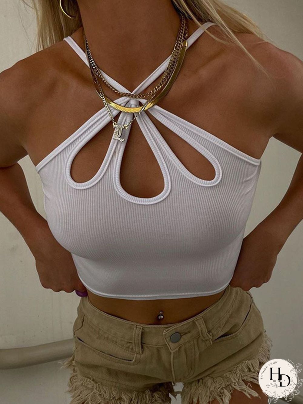 Cut Out Summer Y2k Halter Crop Top Women Sexy Streetwear White Backless Rib Sleeveless