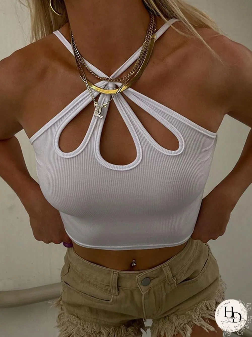 Cut Out Summer Y2k Halter Crop Top Women Sexy Streetwear White Backless Rib Sleeveless
