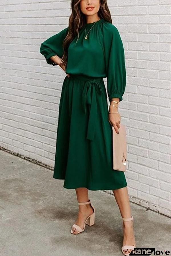 Solid Tie Waist Long Sleeve Swing Dress