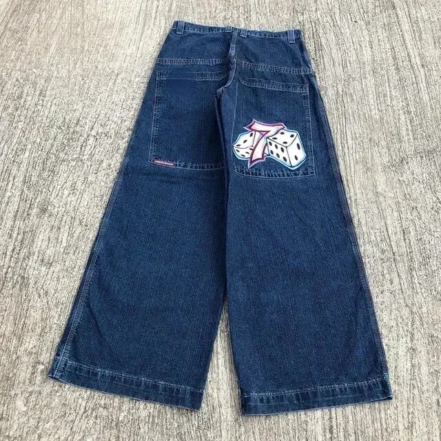 Spontork Retro Skull Graphic Embroidered JNCO Jeans New Harajuku Hip Hop Baggy Jeans Denim  Pants Men Women Goth High Waist Wide Trousers Pants