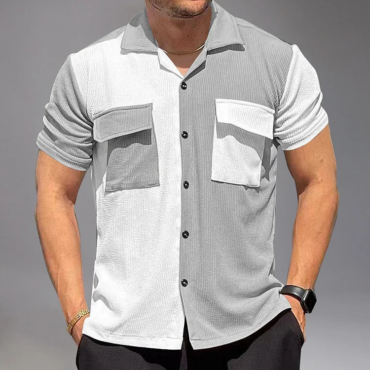 Casual Corduroy Color Blocks Flap Pocket Button Short Sleeve Shirt Okaywear