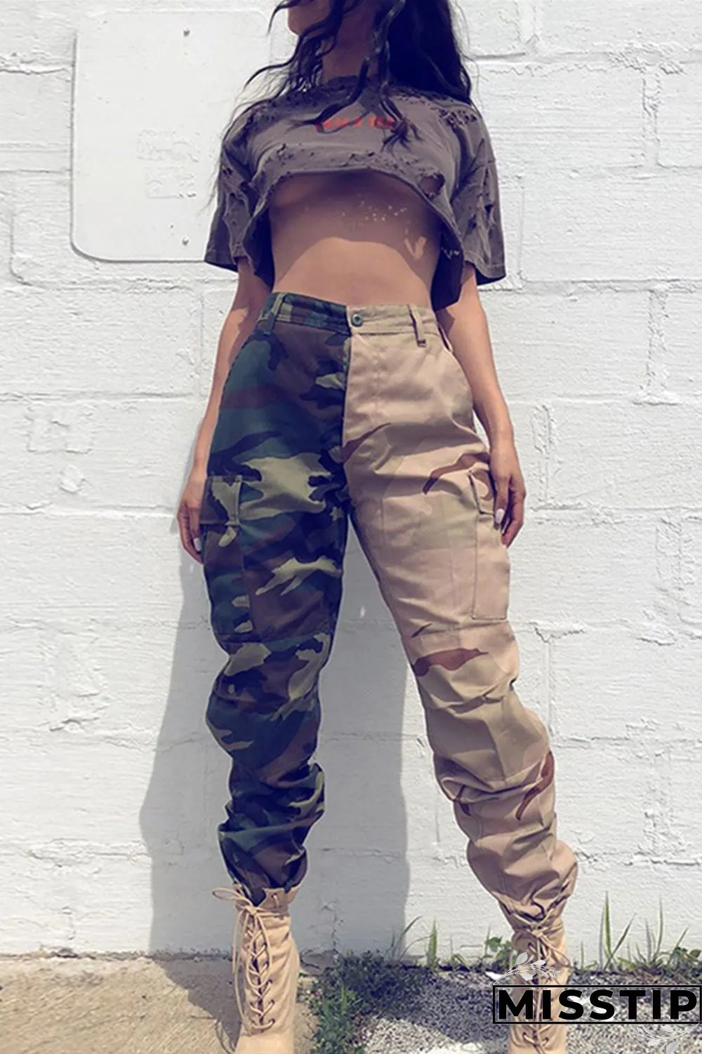 Army Green Fashion Casual Camouflage Print High Waist Patchwork Trousers