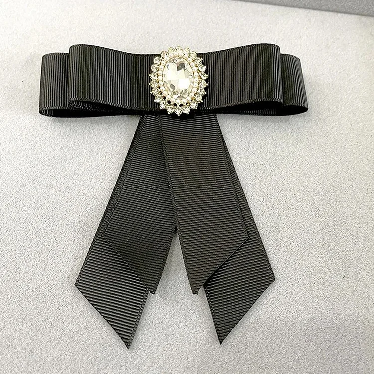 New Ribbon Bow Tie for Women Girls Rhinestone Bow Blouse Collar Pin Brooch Bowknot Corsage Student Shirt Bowtie Accessories