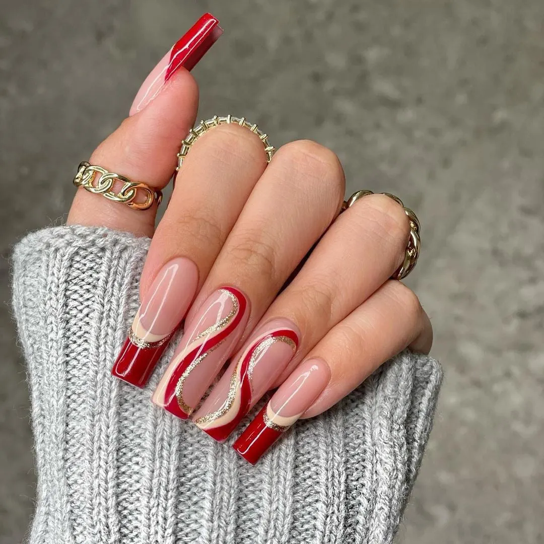 24pcs Rose Pattern Red Wine False Nail Fake Nails Coffin Glossy Press On Nails False Girls Ballerina full cover Fingernails Tips-Nail Inspo