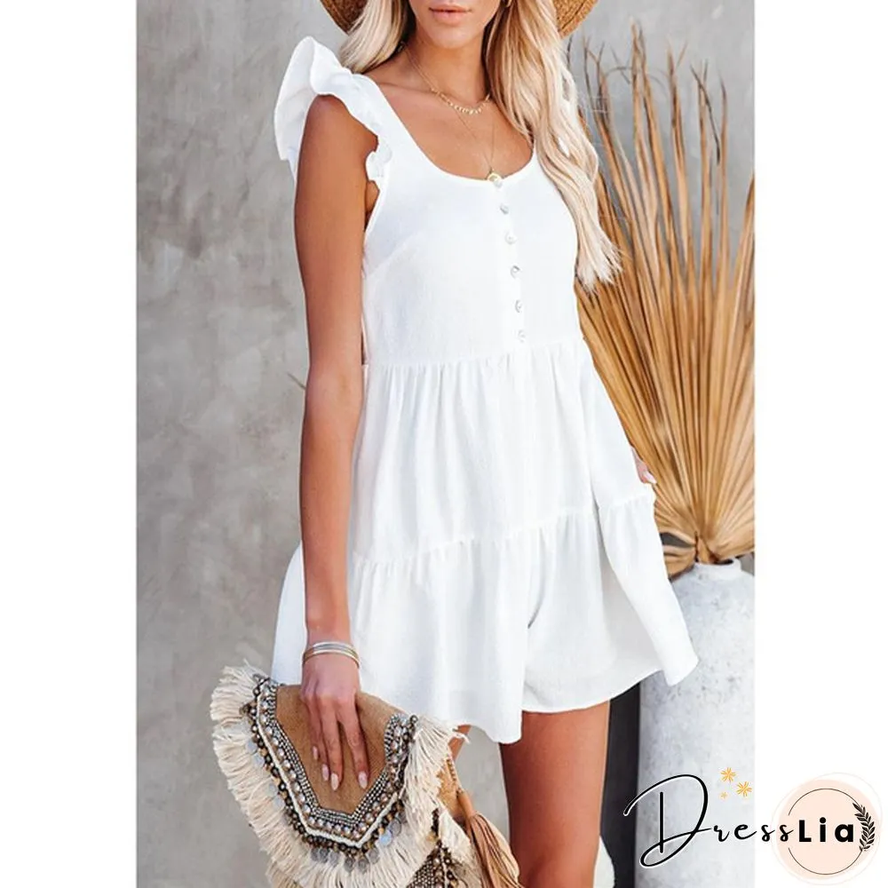 Summer Solid Sleeveless Button Decoration Jumpsuit Short Pants Outfits for Women Beach Wear Playsuit