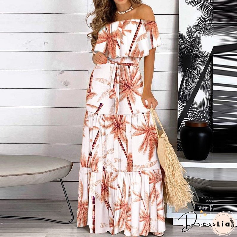 Joskaa Elegant Floral Print Lady Maxi Party Dress Women Sexy Off Shoulder Ruffle Boho Beach Dress Summer Casual Short Sleeve Long Dress