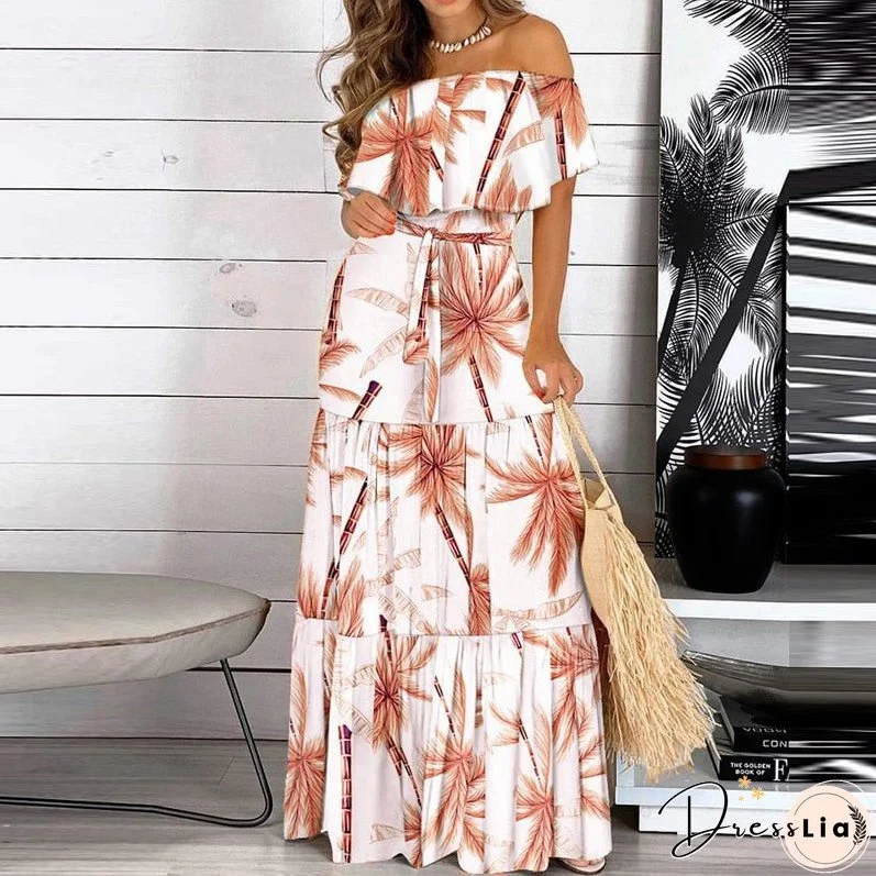 Joskaa Elegant Floral Print Lady Maxi Party Dress Women Sexy Off Shoulder Ruffle Boho Beach Dress Summer Casual Short Sleeve Long Dress