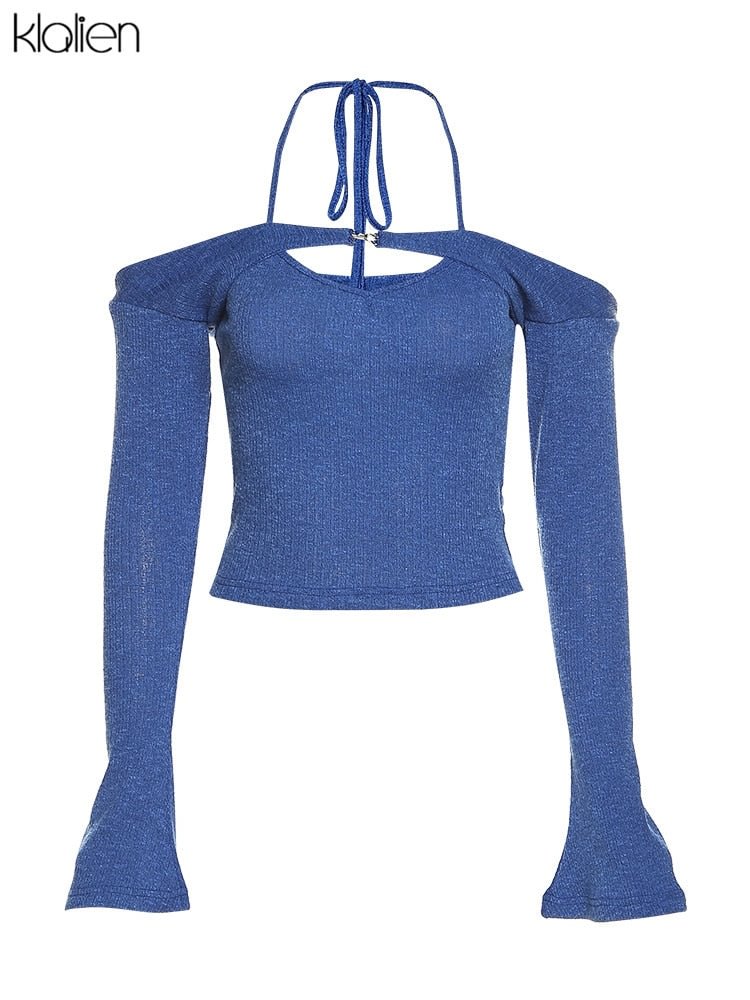 KLALIEN Fashion Elegant Women T-Shirts Solid Knit Slim Stretch Halter Flare Sleeve Two Piece Top Female Streetwear Sweet Cute