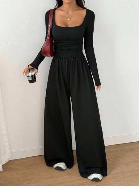 Women's Fall Winter Knit Wide Leg Jumpsuit, Casual Fashion Plain Color Round Neck One-Piece, Versatile Long Sleeve Romper