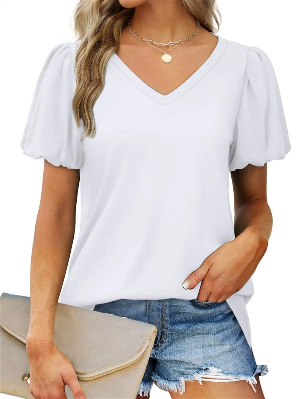 Women's Short Sleeve V-neck Solid Color Top